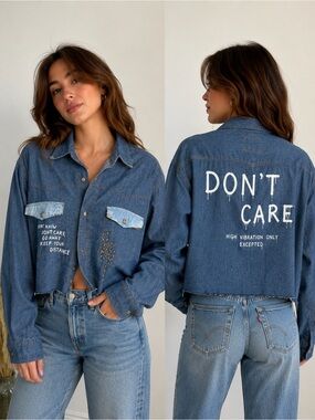 Hand Painted Denim Shirt Jacket L One of a Kind Wearable Art 100% Cotton
